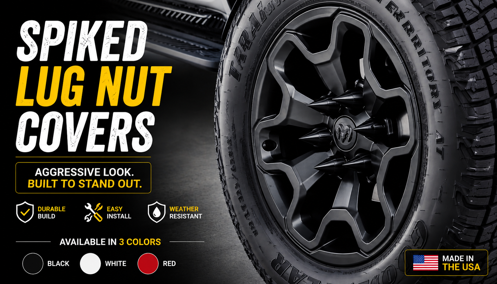 Spiked Black Lug Nut Covers for RAM, FORD, CHEVROLET - Image 2