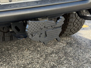 American Flag Tow Hitch Cover with Rifle Design